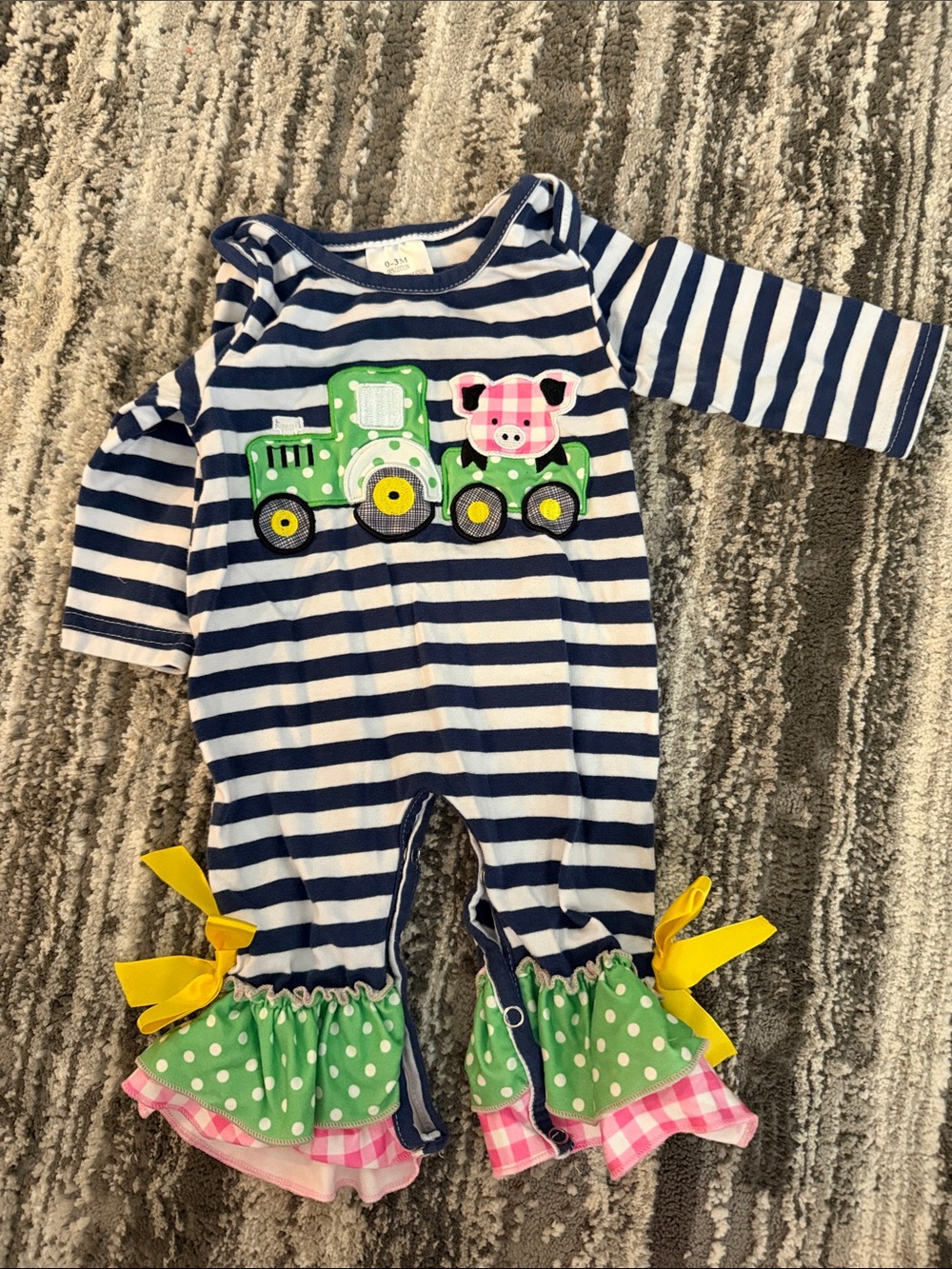 Navy and White Striped Baby Romper with Tractor & Pig Applique